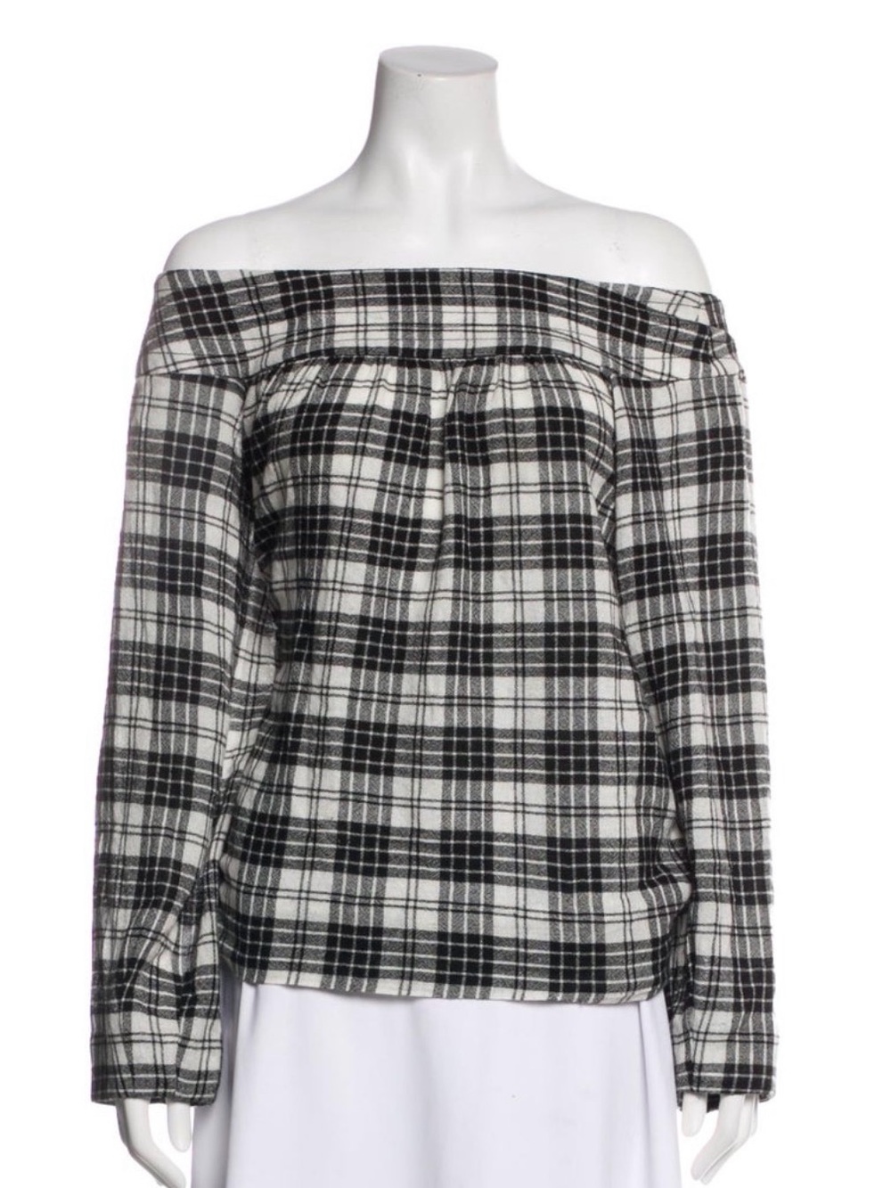Marissa Webb Black and White Plaid Off-the-Shoulder Blouse